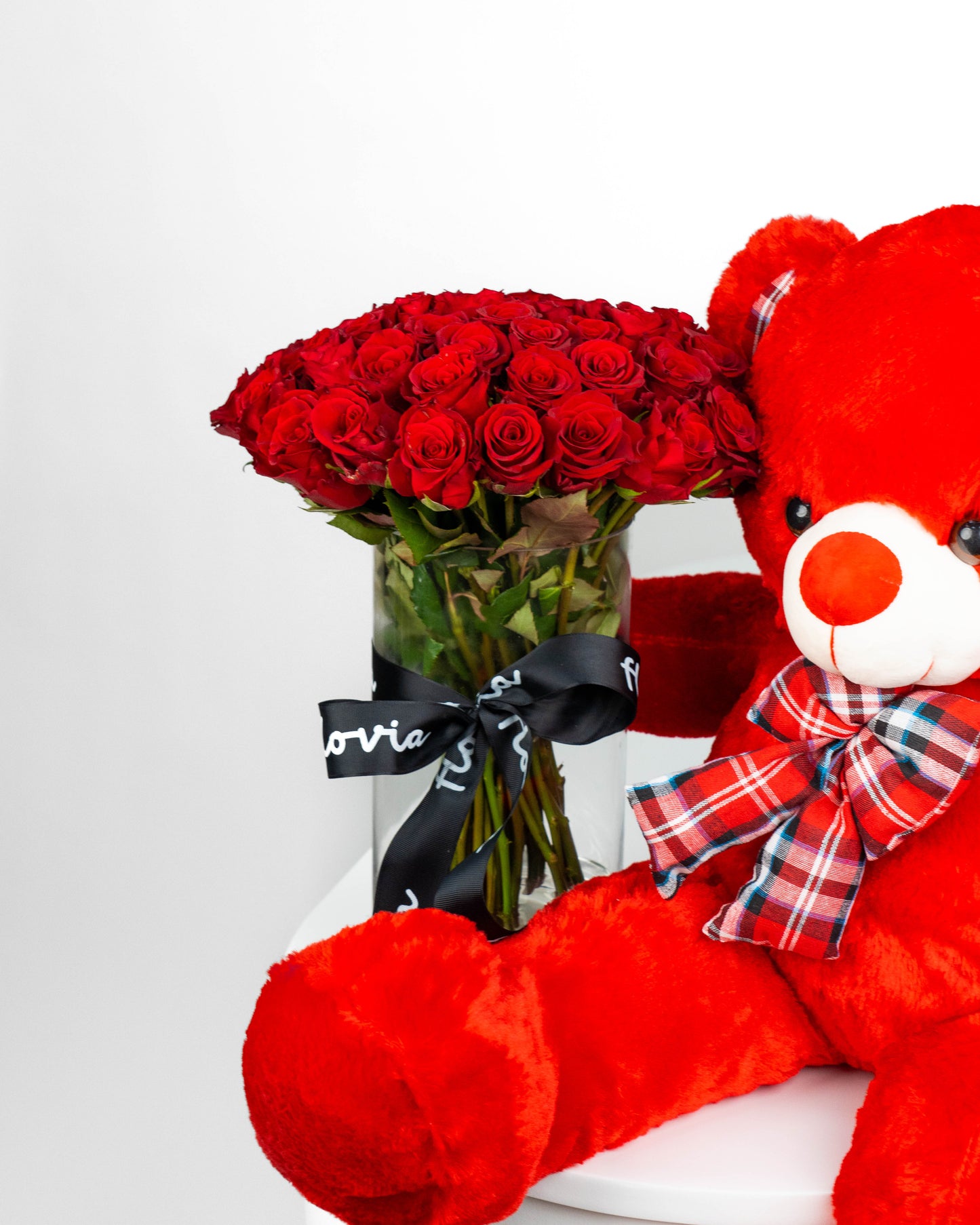 30 Red roses in vase with teddy | Flower Shop Dubai.