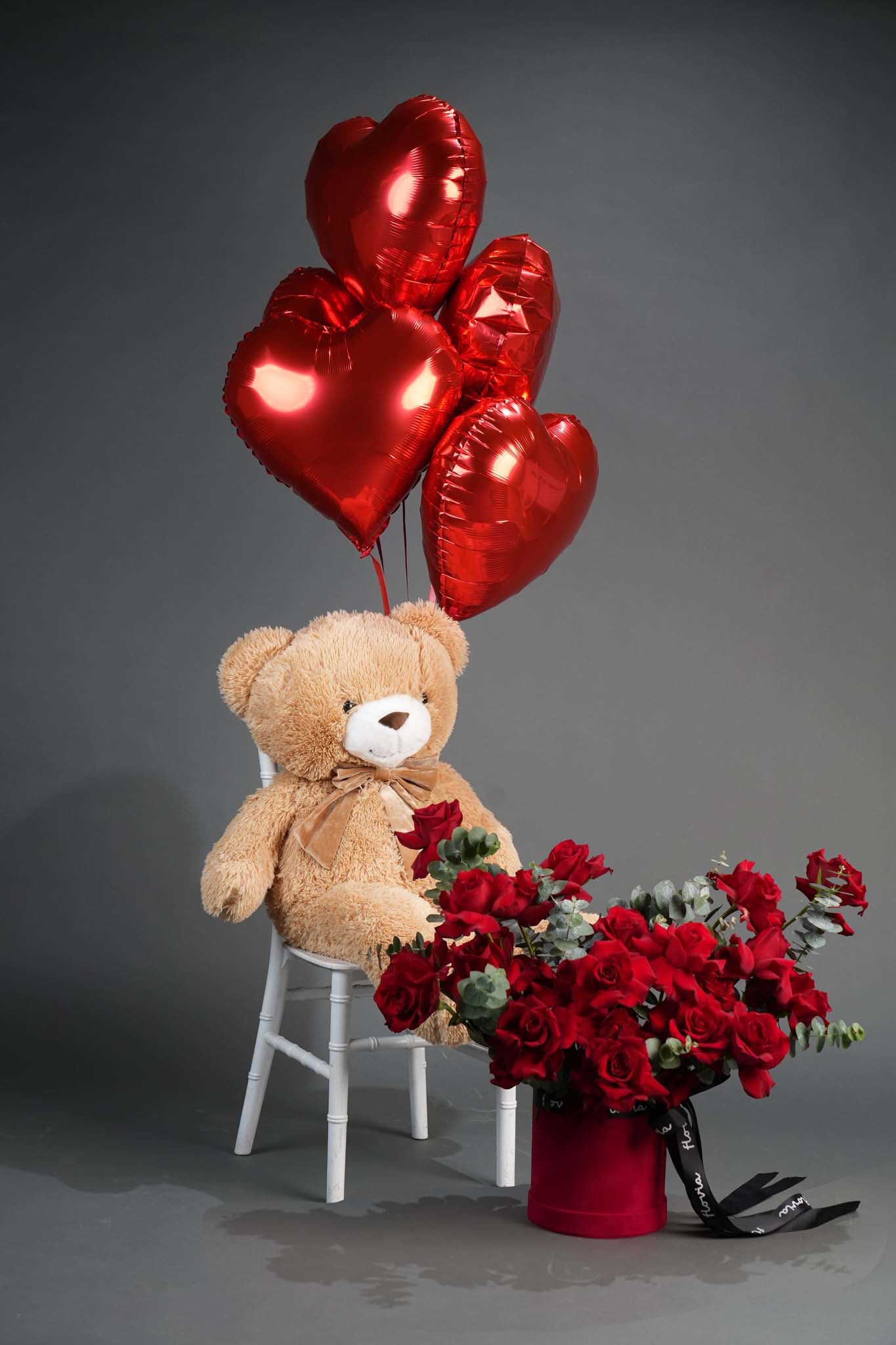 Brown Teddy Bear with Red Rose Flower Basket & Heart Balloon