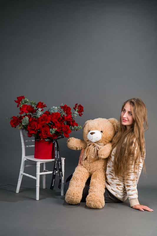 Brown Teddy Bear with Red Rose Flower Basket