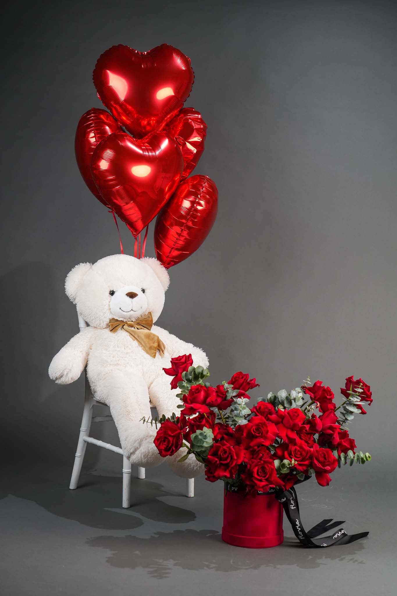 Luxury Red Rose Box with Teddy Bear & Heart Balloons – Ultimate Valentine Gift Combo